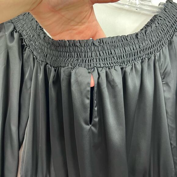 BEBE Satin Off-The Shoulder Romper Ruffled Trim Long Sleeve Shorts Black Women S - Picture 4 of 8